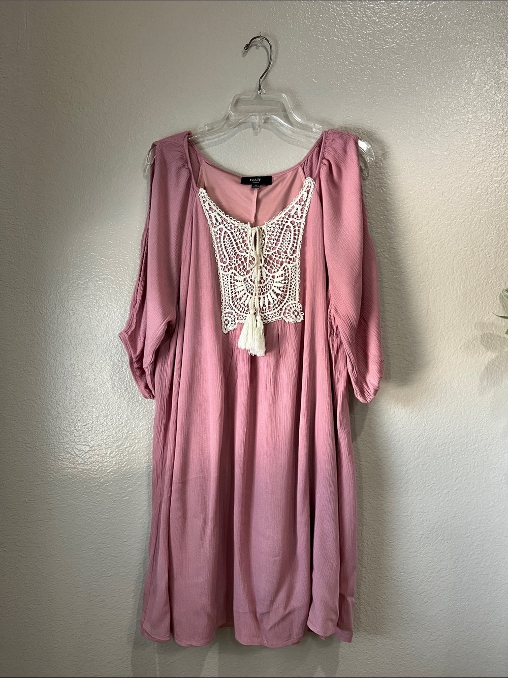 Mauve Pink Boho Crochet Tassel Tunic Mini Dress Dx 3XL boho lined Chic TC0637